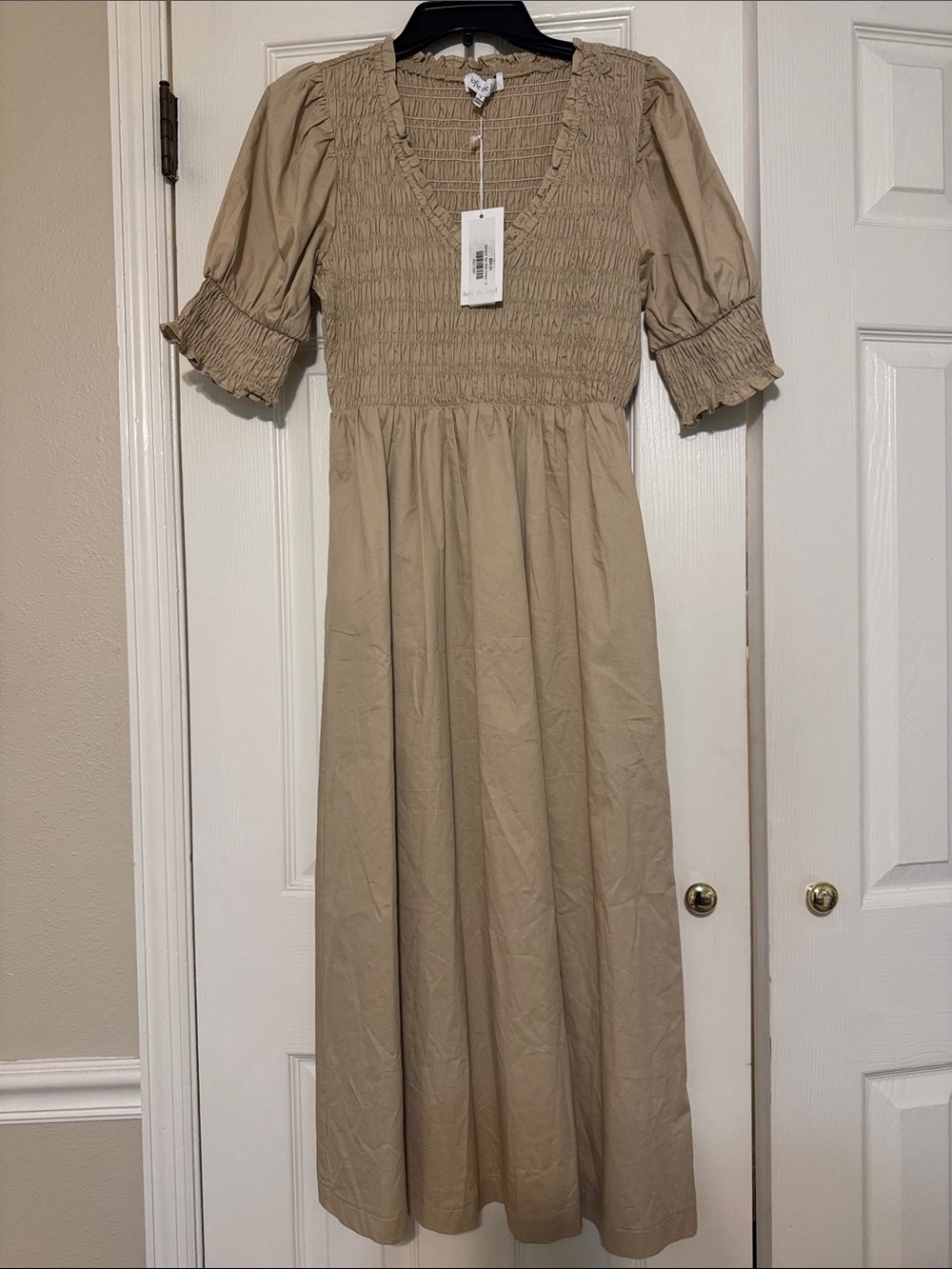 Smocked Midi Dress in Beige